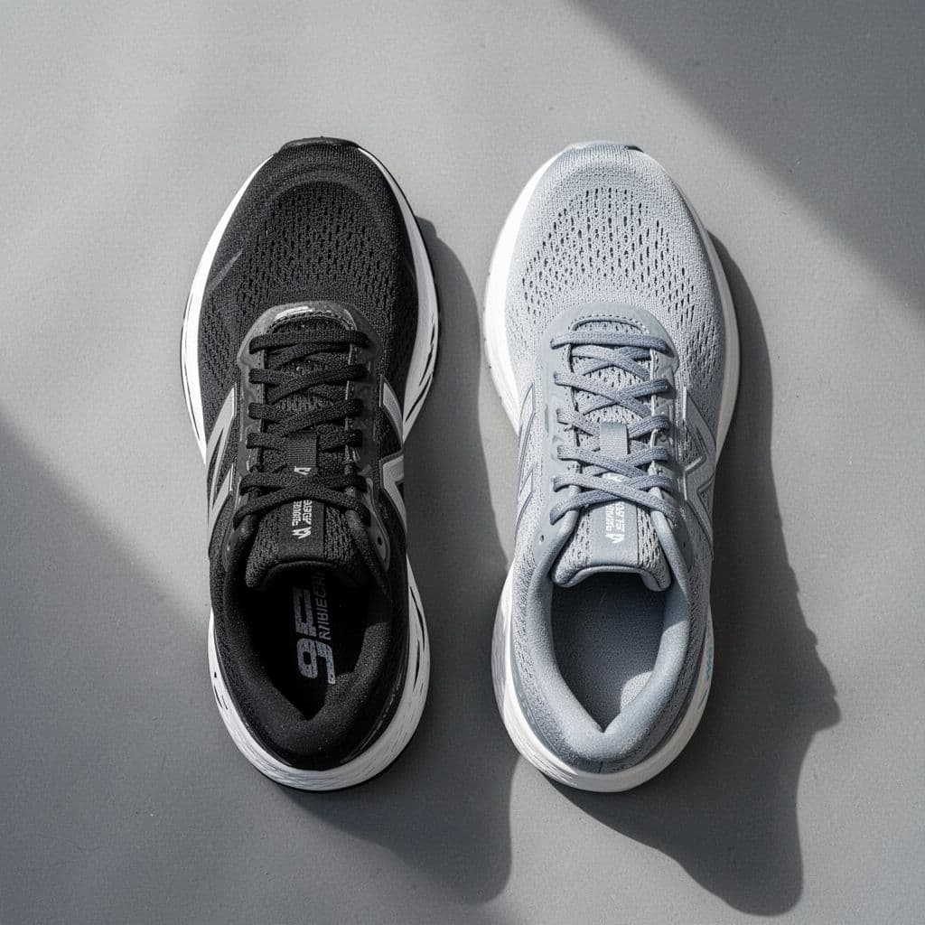 A sleek Nike trainer and a minimalist Saucony shoe sit side-by-side on a neutral grey surface. The top-down perspective emphasizes the contrasting designs and textures of the two athletic models.
