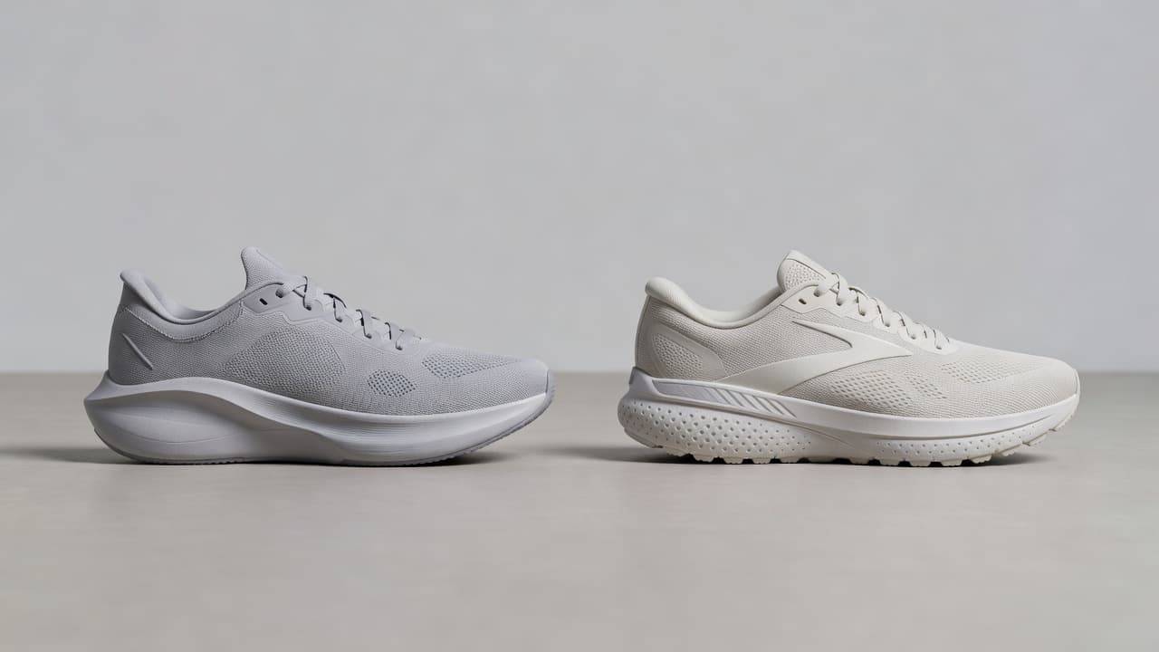 Two running sneakers sit side-by-side on a clean, neutral indoor floor. One model features a thick, cushioned midsole, while the other displays a more structured, grounded design under soft natural light.