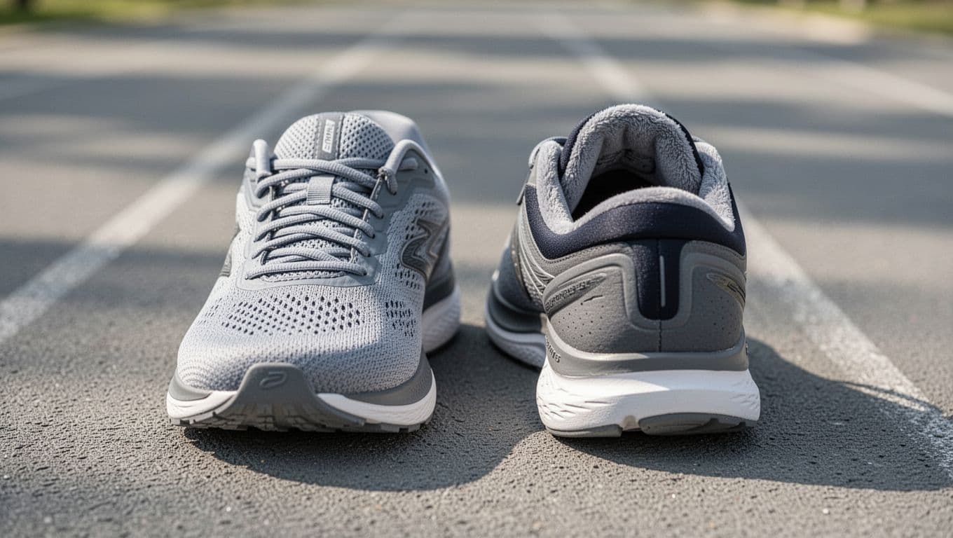 Two running shoes rest side by side on a neutral gray athletic track. The left shoe features a lightweight mesh upper, while the right shoe highlights a thick, plush padded collar.