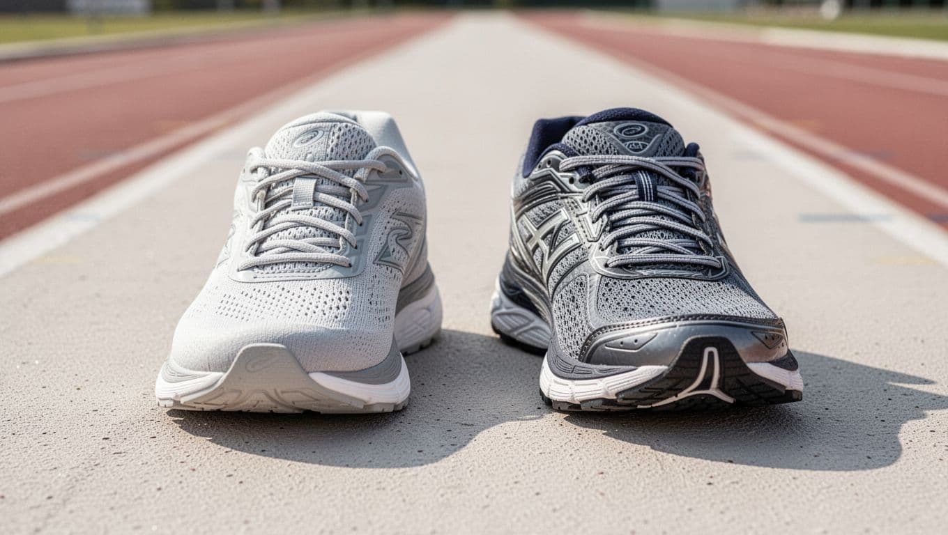 A pair of running shoes rests on a light-colored athletic track. One sneaker features a soft casual sole, while the adjacent shoe displays a structured design with a thicker, firmer midsole.