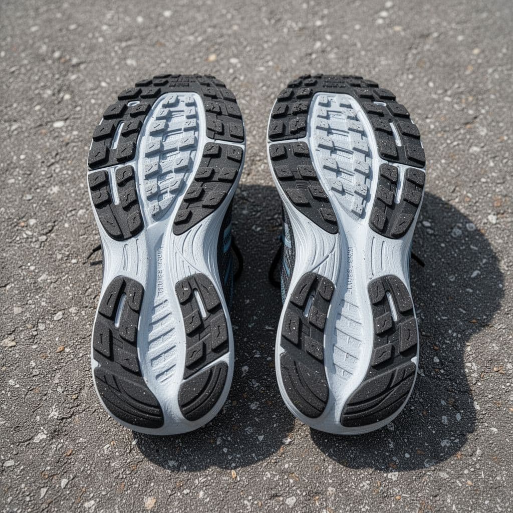 A close-up view of two premium running shoe outsoles featuring detailed tread patterns resting on gray asphalt.