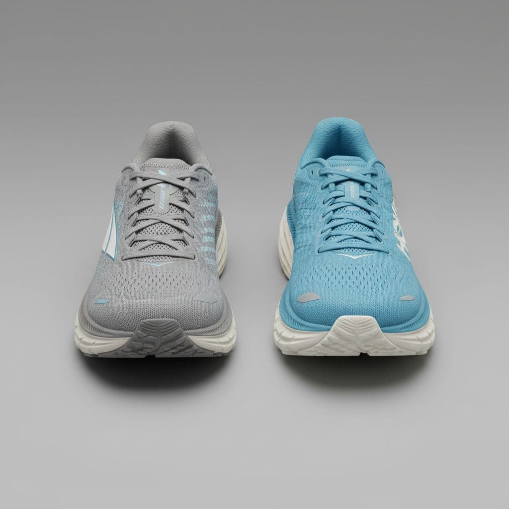 A minimalist flat shoe with a wide toe box sits next to a thick, maximalist rocker shoe on a neutral grey background. The visual contrast highlights distinct midsole cushioning architectures.