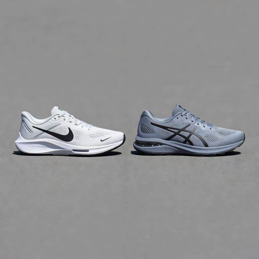 Two sleek athletic running shoes are positioned side by side on a textured gray synthetic track surface. High-contrast daylight highlights the intricate mesh fabric and responsive foam soles of each sneaker.
