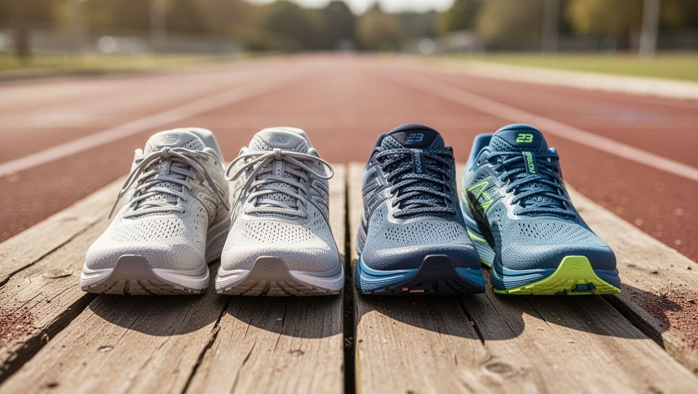 Two pairs of athletic running shoes sit side by side on a polished wooden track surface. The neutral pair features cushioned soles, while the zero-drop pair showcases a flatter, streamlined silhouette.