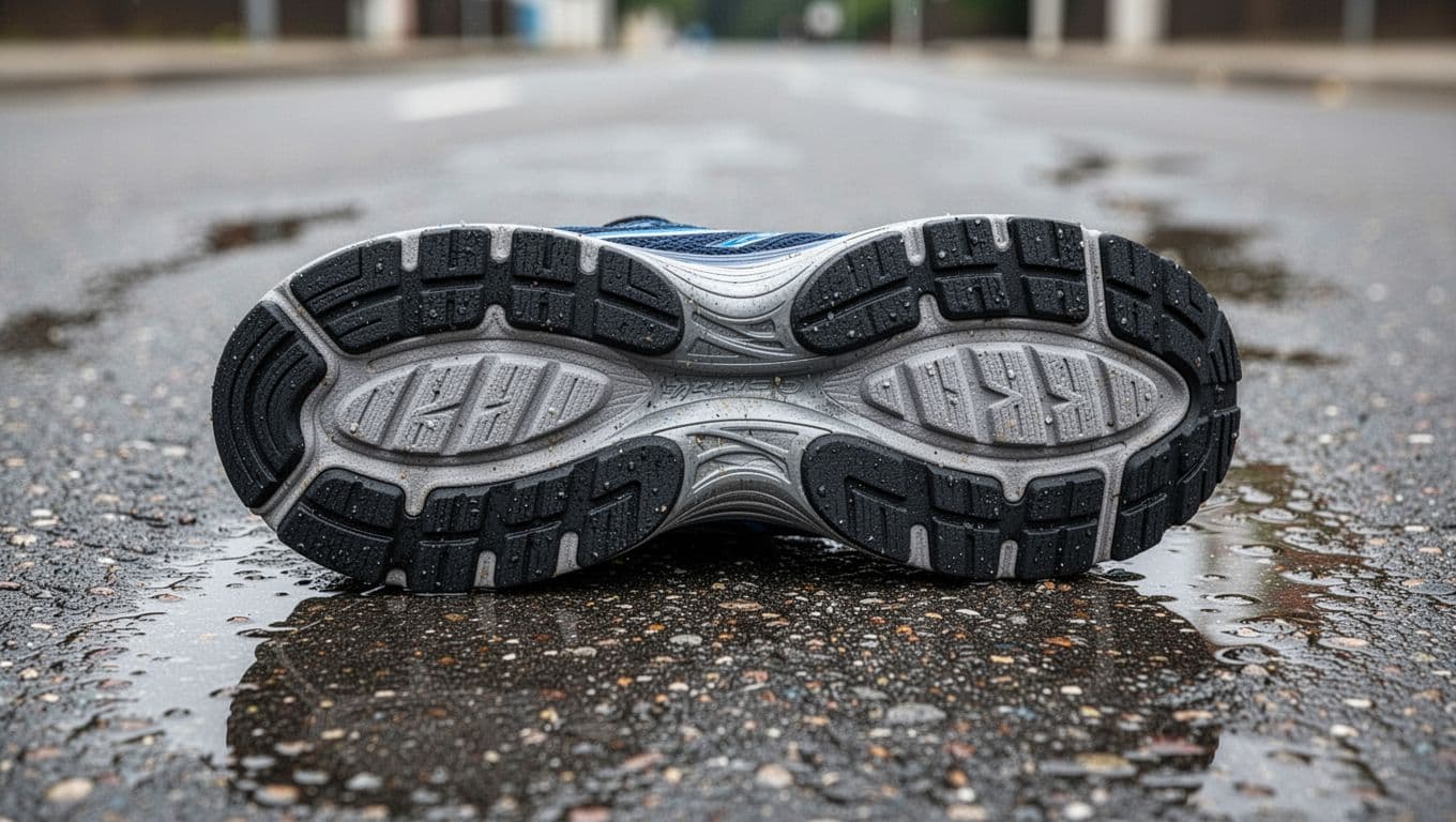 A close-up view captures the intricate rubber tread pattern of a athletic sneaker resting directly on dark, rain-slicked asphalt. Tiny water droplets glisten within the grooves of the durable sole.