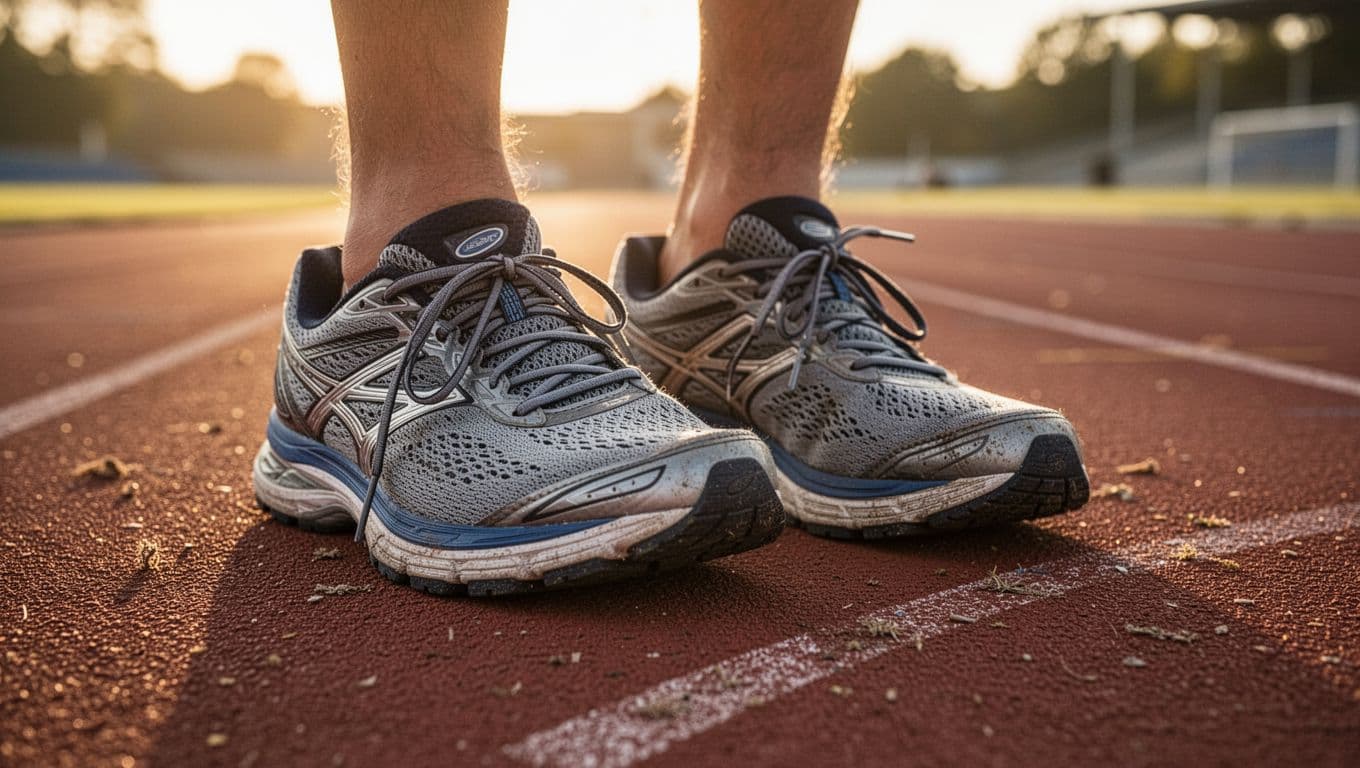 A pair of worn athletic sneakers rests on the textured rubber surface of a running track. Warm golden hour sunlight creates soft shadows and a reflective glow across the athletic field.