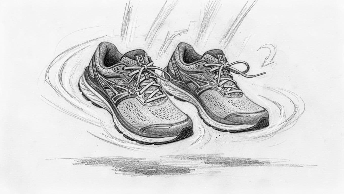 Graphite sketches of running shoes and dynamic warm-up movements on white paper.