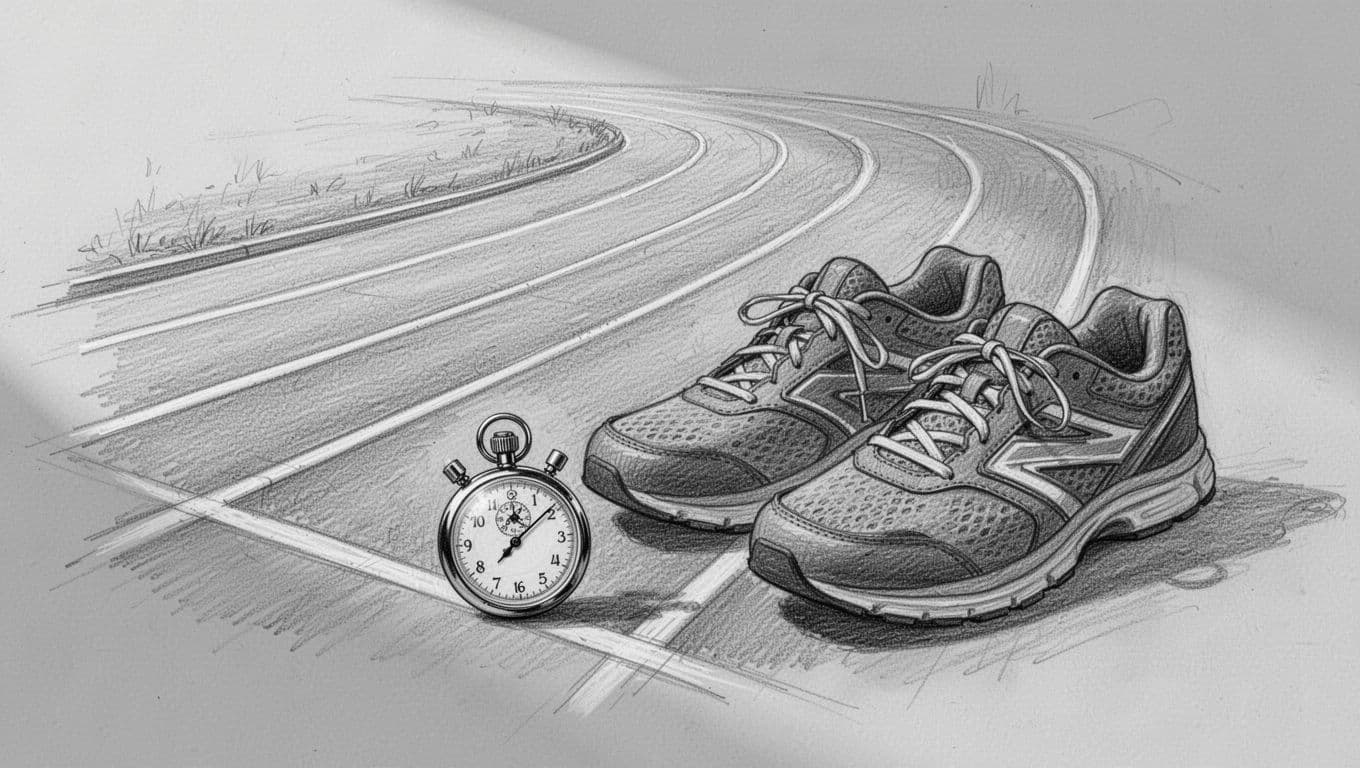 Graphite sketch of a running track with a stopwatch and training shoes.