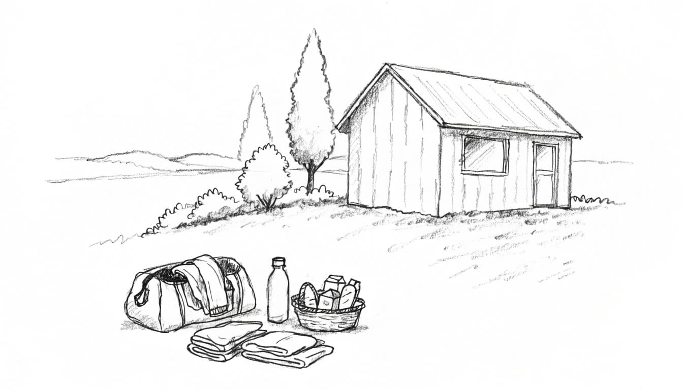 A graphite sketch of travel gear in the foreground with a small tiny house in the countryside.