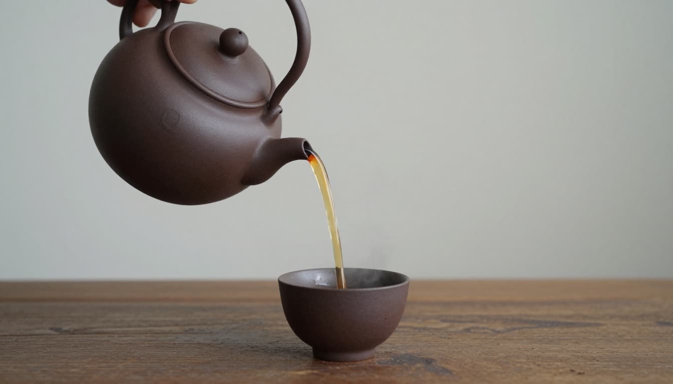 Rustic clay teapot pouring dark pu-erh fermented tea into a small cup on a wooden table, with steam rising under soft diffused lighting in photorealistic overhead style.