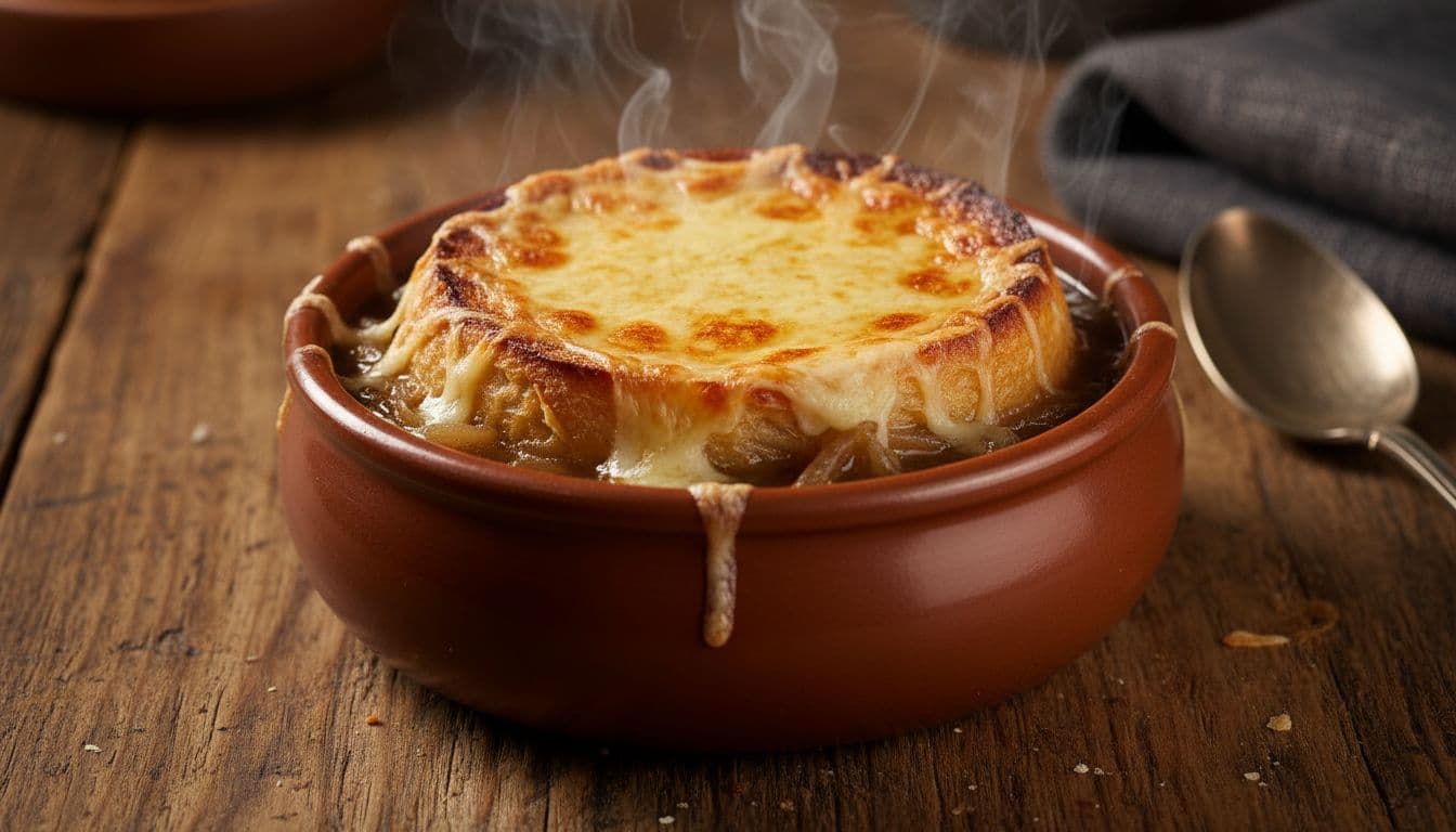 Rustic ceramic bowl of French onion soup featuring caramelized onions in dark savory beef broth, topped with toasted baguette blanketed in bubbling melted Gruyere cheese, steam rising on a cozy wooden table under dim tavern lighting.