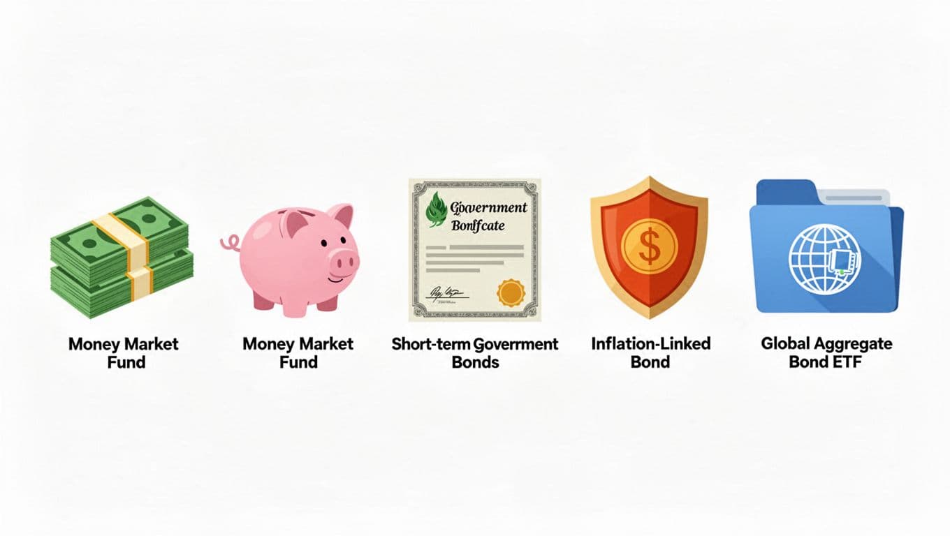 Horizontal row of five colorful flat icons representing safe FIRE investments on a clean white background: cash bills stack, money market piggy bank, short-term government bond, inflation-linked bond shield, and global aggregate bond ETF folder.