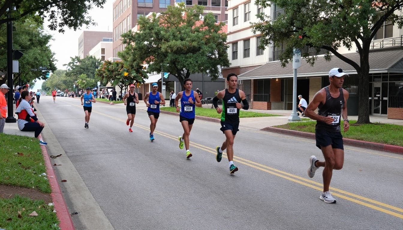 Dynamic side-view action shot of 4-6 runners navigating a gently rolling urban half marathon course in San Antonio, Texas, with subtle hills, city streets lined with spectators, flat sections, gradual inclines, and morning light in realistic photo style.