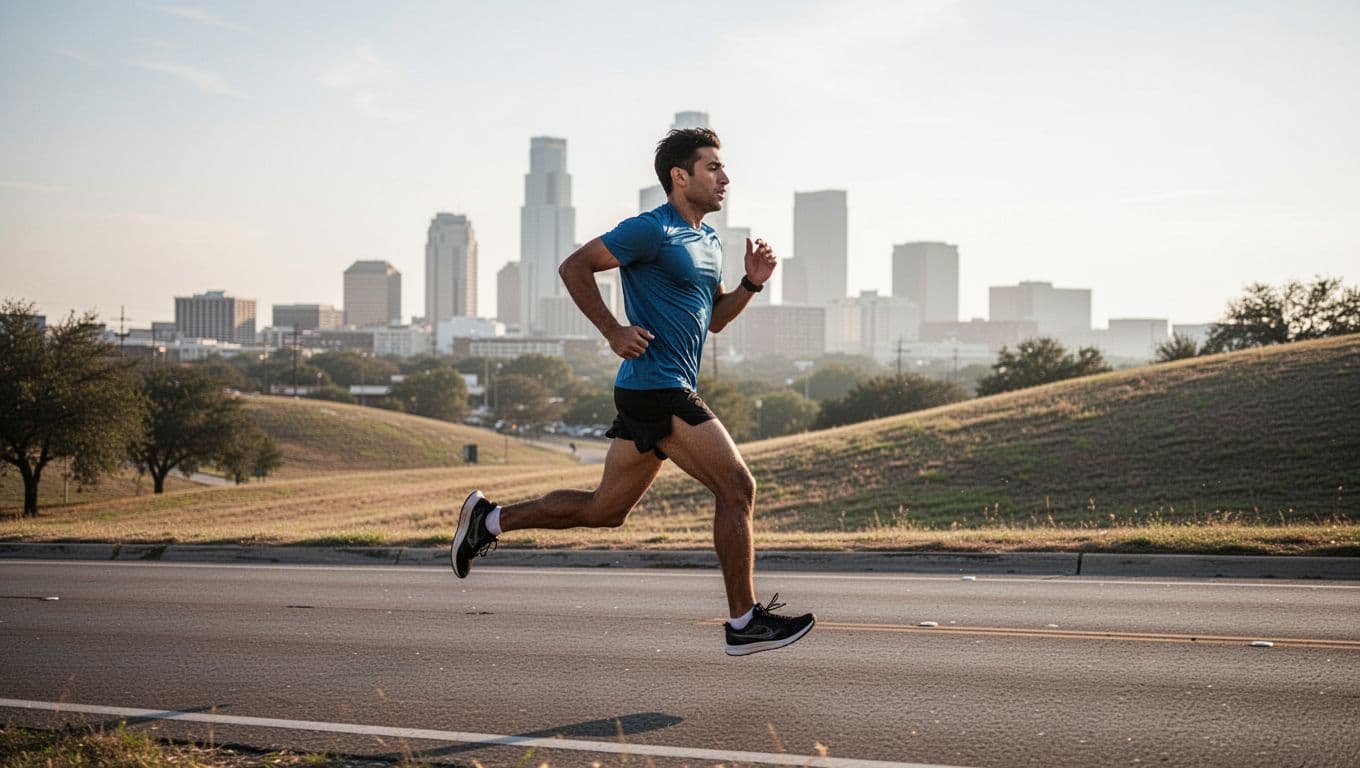 A solo runner mid-stride on a gently rolling urban road in San Antonio during a morning long training run for half marathon preparation, with faint city skyline in background under natural sunlight.