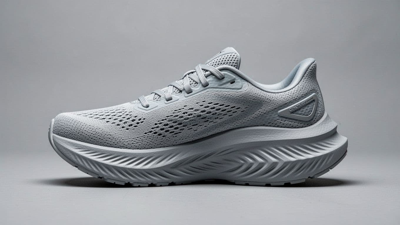 A side profile view of a running shoe sits on a flat gray background. The focus highlights the textured mesh upper material, the thick cushioned midsole, and the durable rubber outsole.