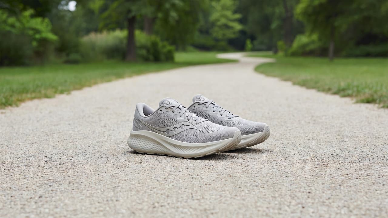 A pair of neutral running shoes with thick, white foam midsoles and gray mesh uppers sits on a paved park path. Soft daylight highlights the textured foam and stable shoe structure.