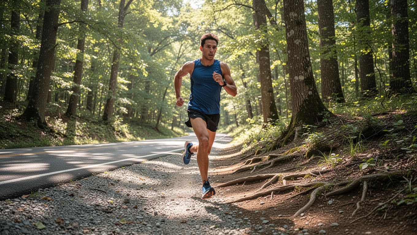 A single runner in Saucony Peregrine 14 shoes sprints at fast tempo pace from a paved road onto a dirt trail with small roots and gravel in a woodland area, emphasizing speed, agility, and forward motion under bright sunlight filtering through trees.