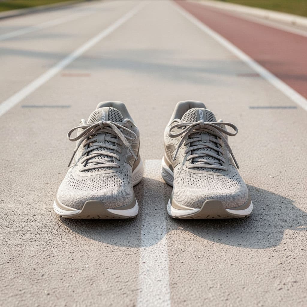A pair of clean neutral running shoes rests on a light-colored outdoor synthetic track during the daytime. The soft natural sunlight illuminates the textured fabric and foam cushioning of the footwear.