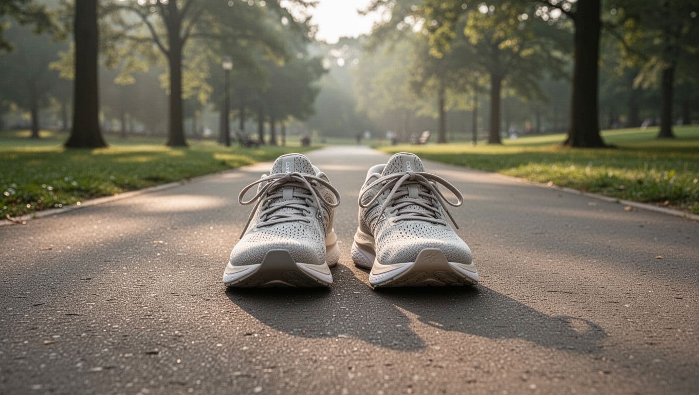A pair of pristine, neutral-toned running shoes rests on a level asphalt path. Soft morning sunlight illuminates the textured pavement, highlighting the shoes' sleek design within a quiet park setting.