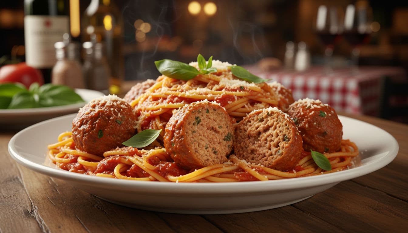 A hearty plate of spaghetti and meatballs smothered in thick rich tomato sauce, with plump meatballs sliced to show juicy interior, twirls of pasta, fresh basil leaves and grated parmesan on top, under warm restaurant lighting.