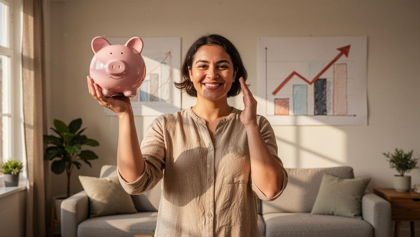 Person smiles confidently holding piggy bank like trophy in home with growth charts.