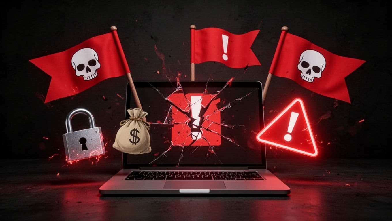 Symbolic warning signs around a laptop including broken lock, fake money bag, exclamation triangle, and skull icon on a dark dramatic background in simple illustrative style with glowing effects.