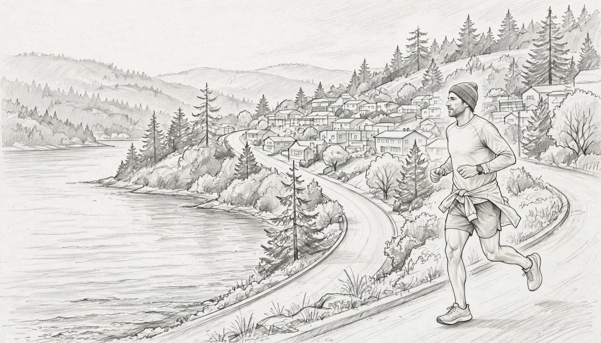 One runner travels along a hilly Seattle street toward the waterfront.