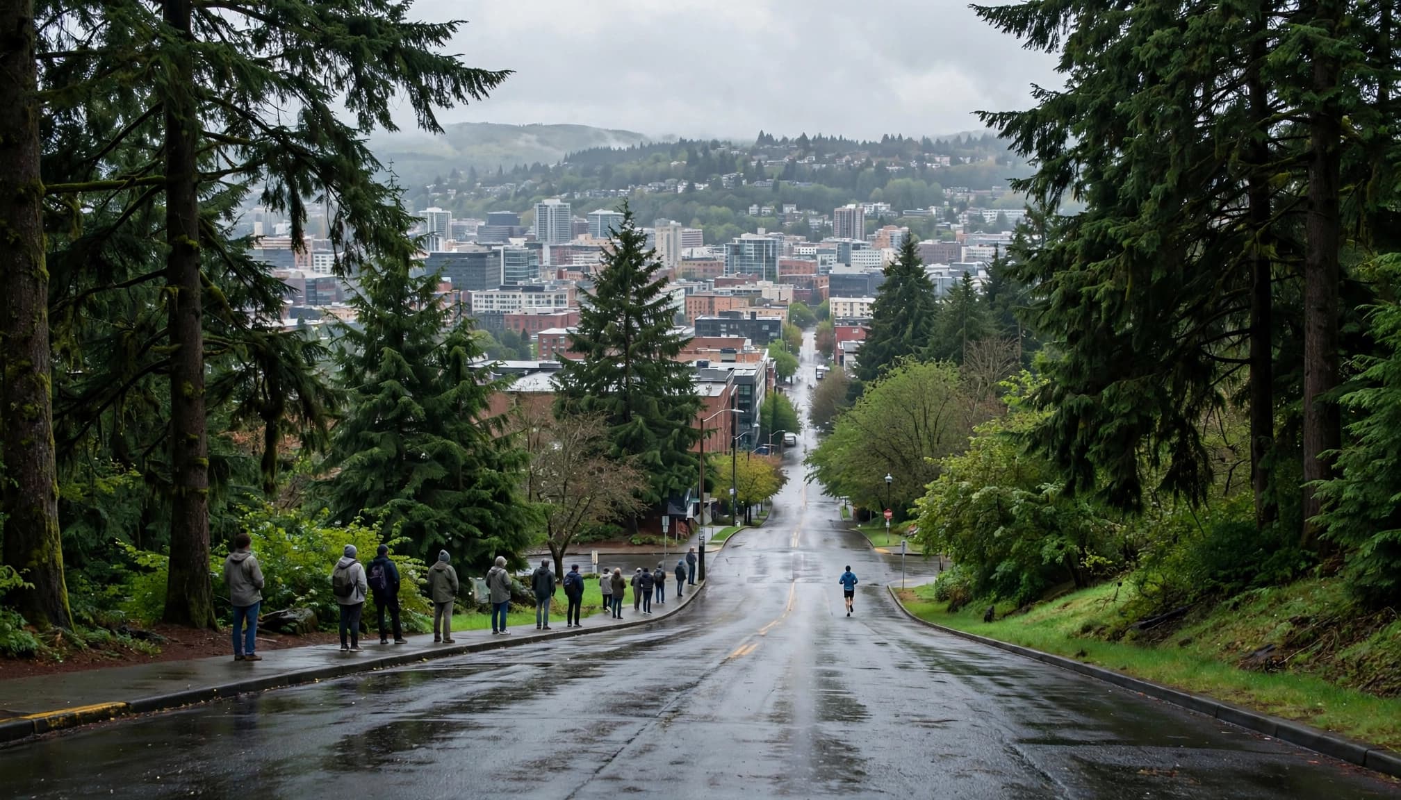 A lone runner on a wet Seattle street with trees, spectators, and city buildings.