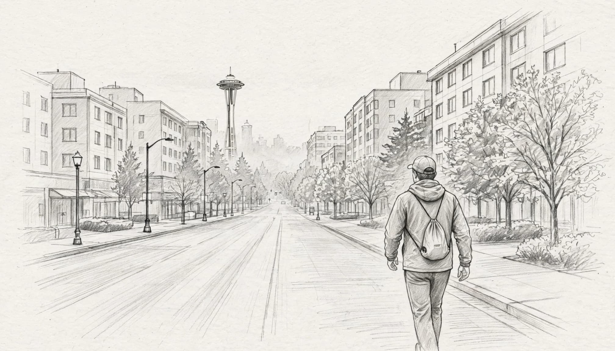 A marathon runner walks toward Seattle Center with the Space Needle in the distance.