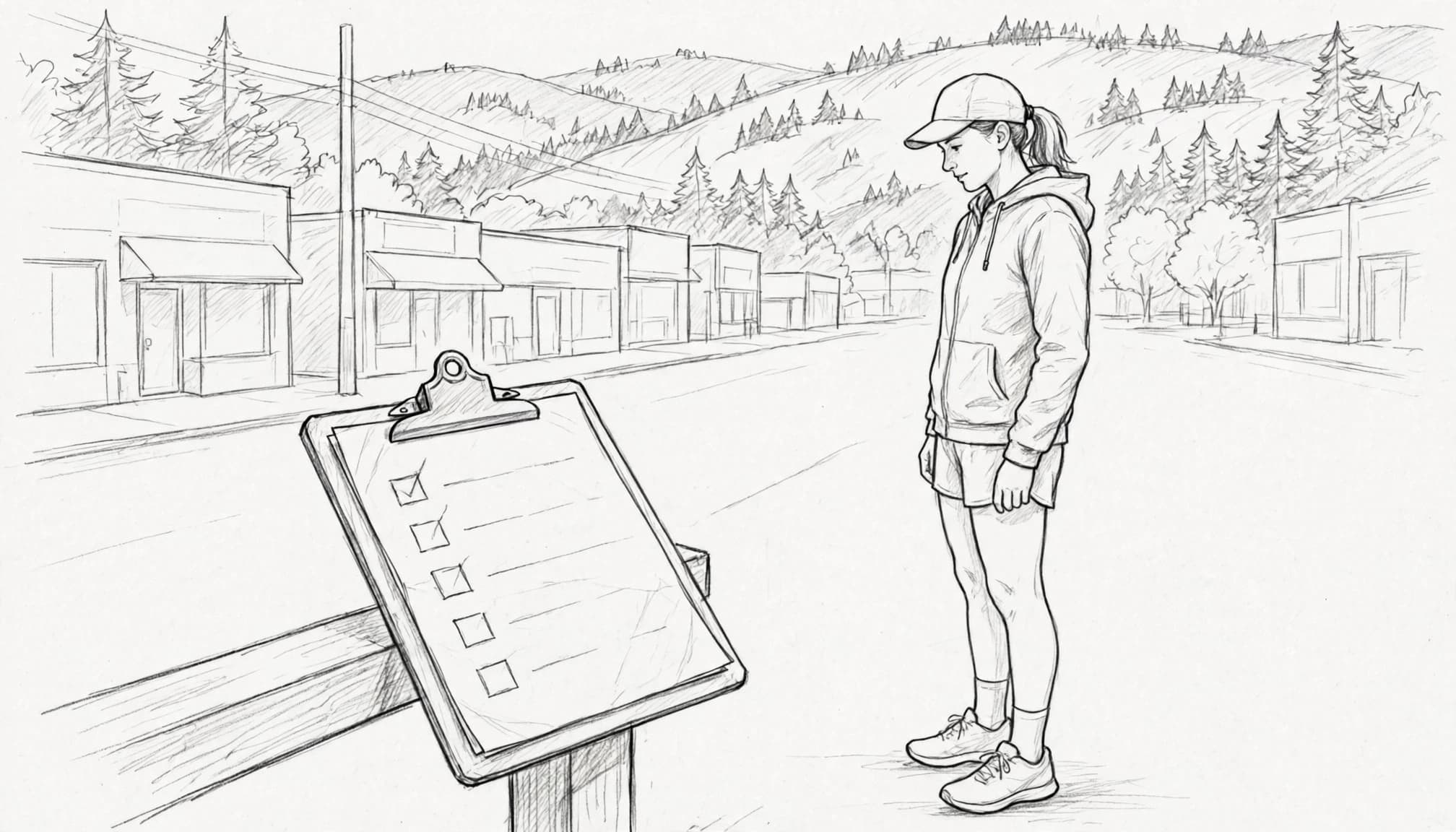 A runner stands beside a checklist clipboard on a quiet Seattle street.