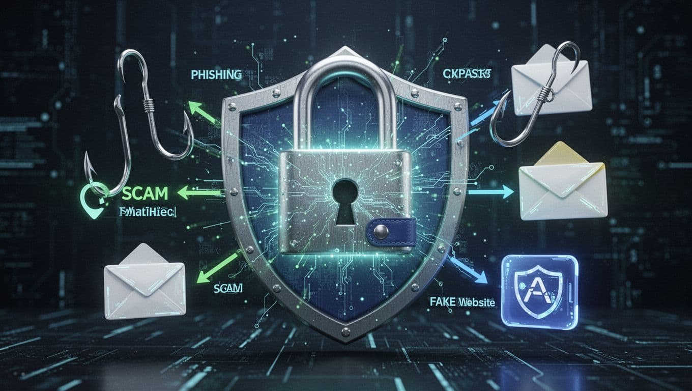 Secure cryptocurrency wallet protected by a large glowing padlock shield blocking phishing hooks, scam emails, and fake website icons in a digital cyber defense scene with blue and green tones.