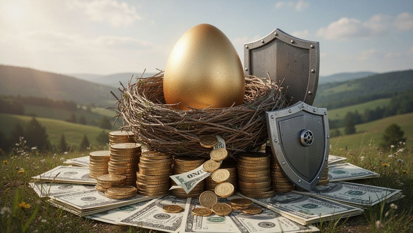 A large golden egg sits securely in a sturdy bird's nest built on stacked coins and bills, with a few coins gently rolling out and a protective shield surrounding it, all highlighted by soft natural sunlight.
