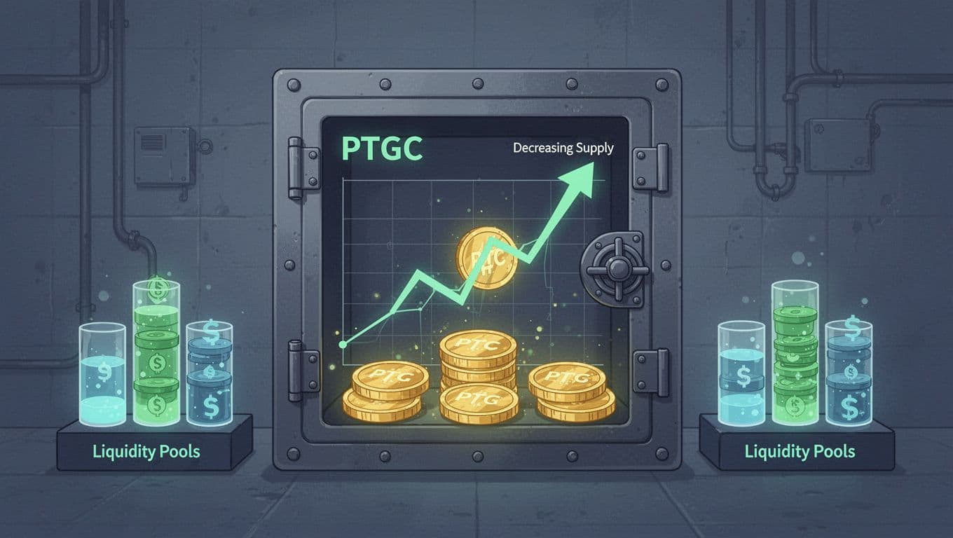 Illustration of a secure vault containing glowing PTGC coins alongside a decreasing supply graph trending up in value and balanced liquidity pools, rendered in a clean vector style with blue and green tones.