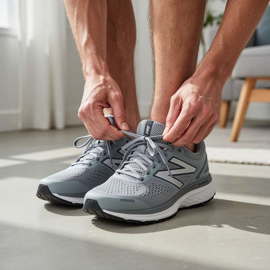 A person uses their hands to tighten the laces of new running sneakers. The shot focuses on the detailed texture of the mesh fabric and the secure fit against their foot.