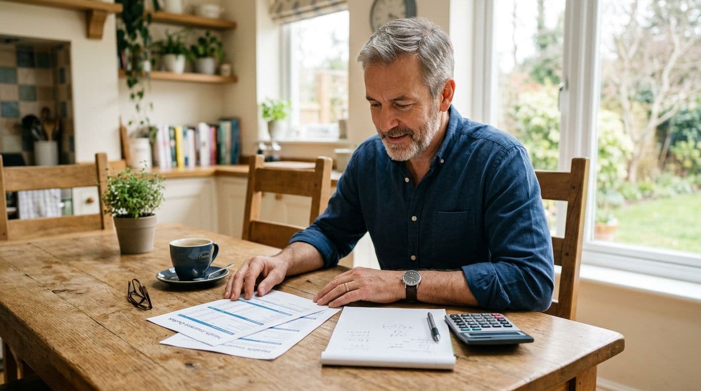 A confident 50-year-old man sits at a wooden kitchen table in a bright home, reviewing printed health insurance quotes with a calculator on notepad and a coffee mug nearby, illuminated by soft natural window light.