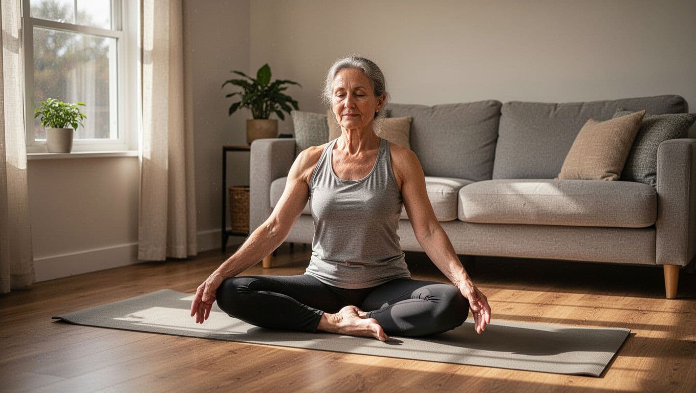 A mature adult performs a simple seated hip opener stretch on a mat in a comfortable home living room, demonstrating controlled movement and relaxed posture under soft natural window light.