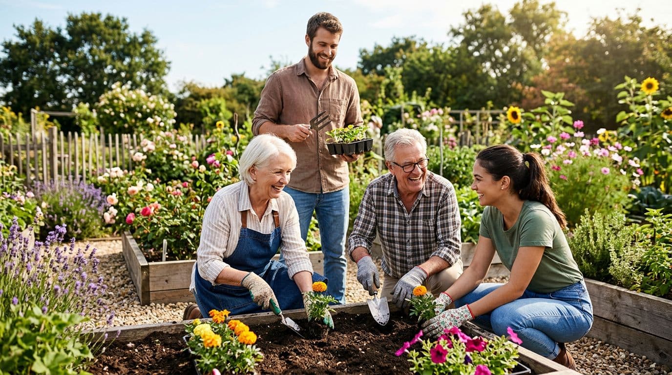 A mixed-age group of four people, two seniors and two younger adults, plants flowers together in a sunny community garden with relaxed interactions and tools in hand, in photorealistic landscape style under daylight.
