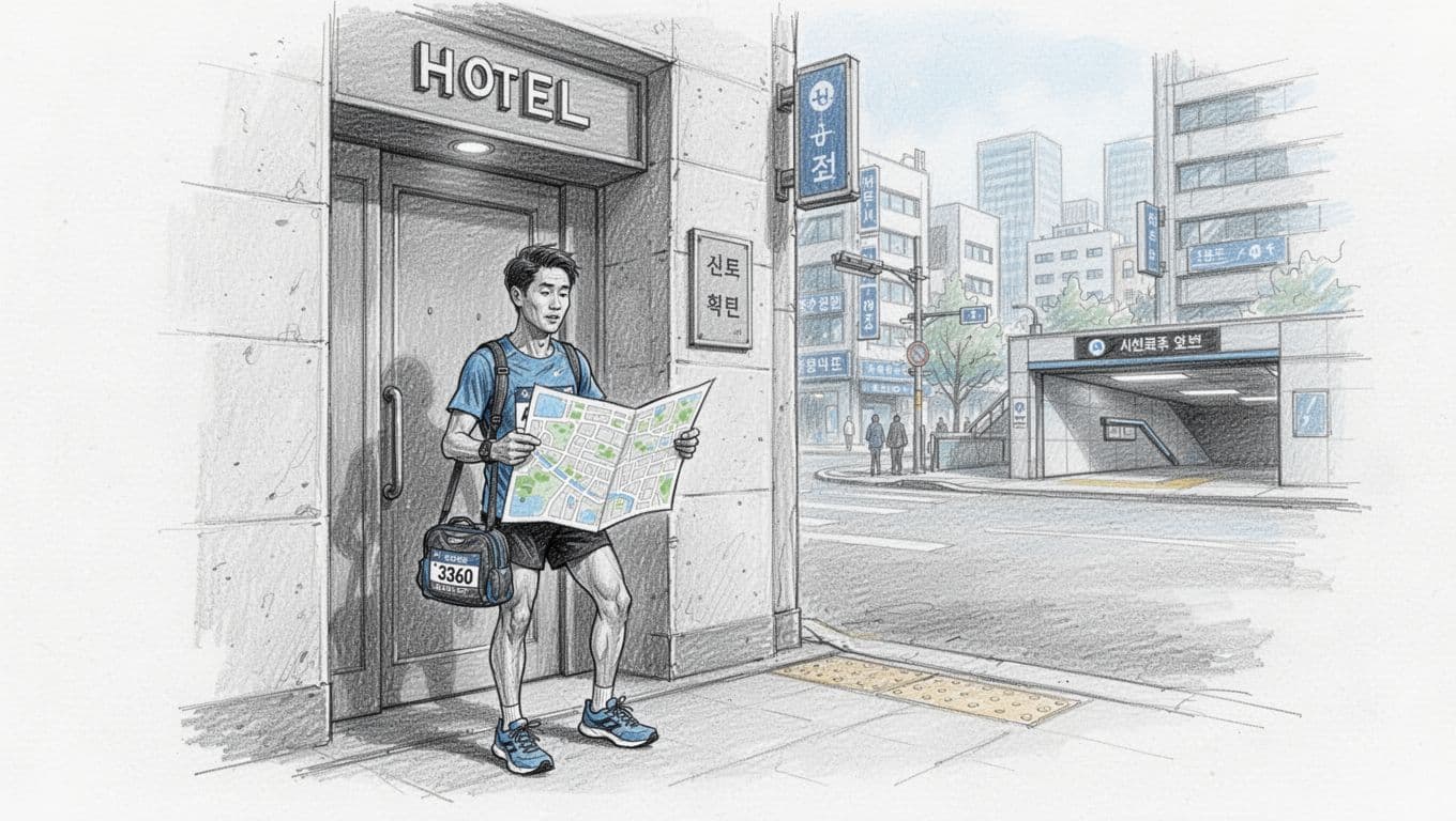 A marathon runner studies a folded map beside a small Seoul hotel entrance.