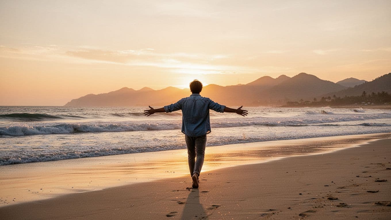 Serene landscape of an open beach at sunset featuring calm ocean waves and distant mountains, with one person in casual clothes walking freely along the shore with arms open, symbolizing escape from work, in warm golden hour lighting and photorealistic style.