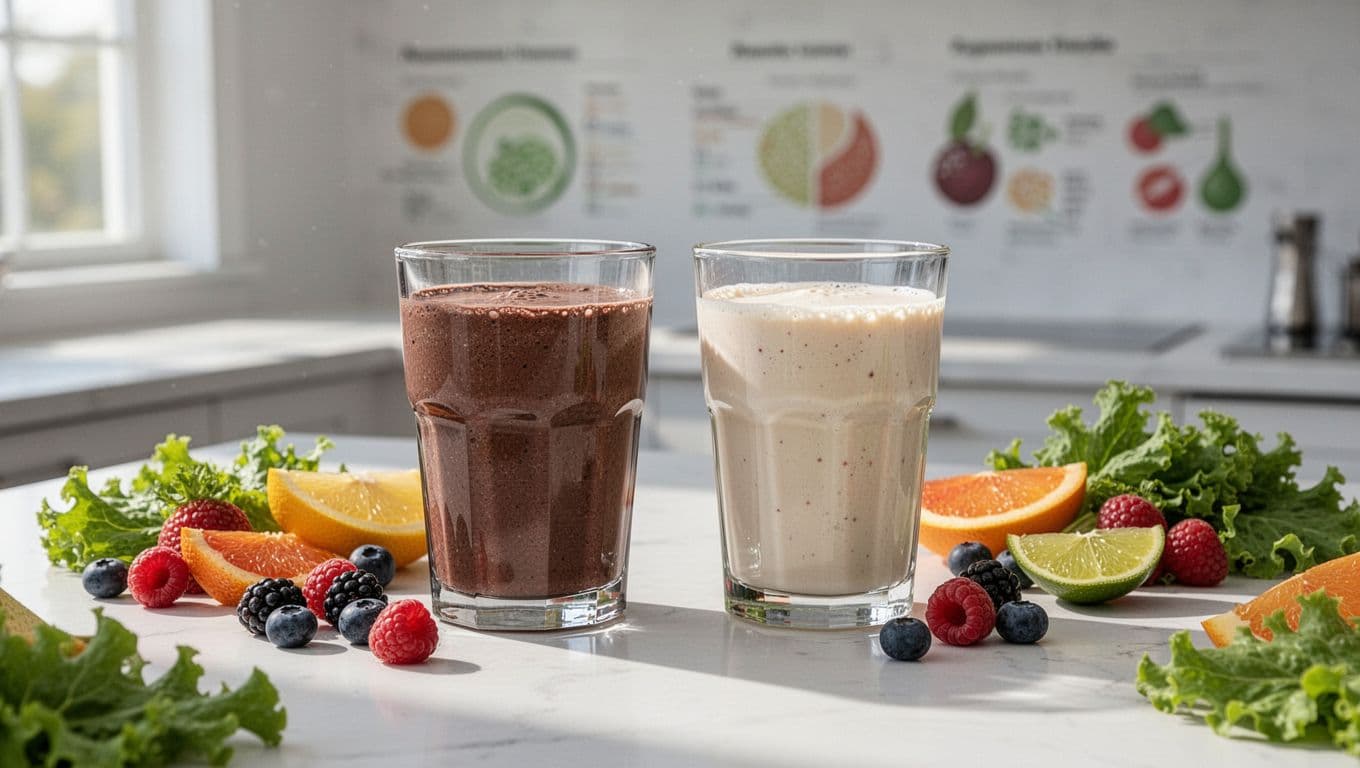 Photorealistic side-by-side comparison of chocolate Shakeology and vanilla Ka'Chava meal replacement shakes in clear glasses on a white kitchen counter, with blurred nutrition facts charts in the background and fresh fruits and greens around.