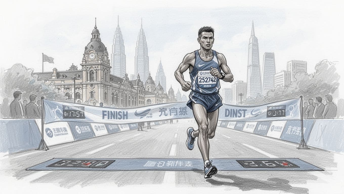 An elite runner crosses the Shanghai marathon finish line with the city skyline behind.