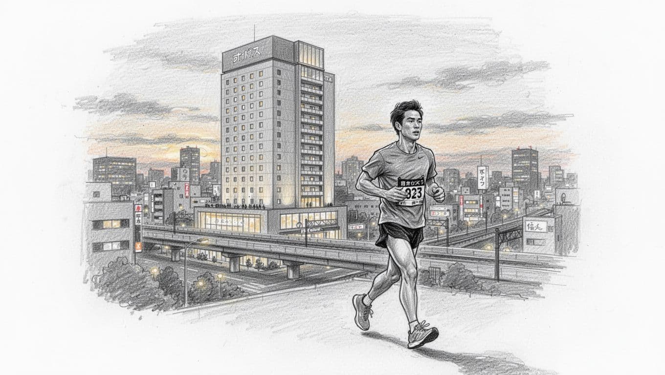 A marathon runner with a small race bag stands outside a hotel before dawn.