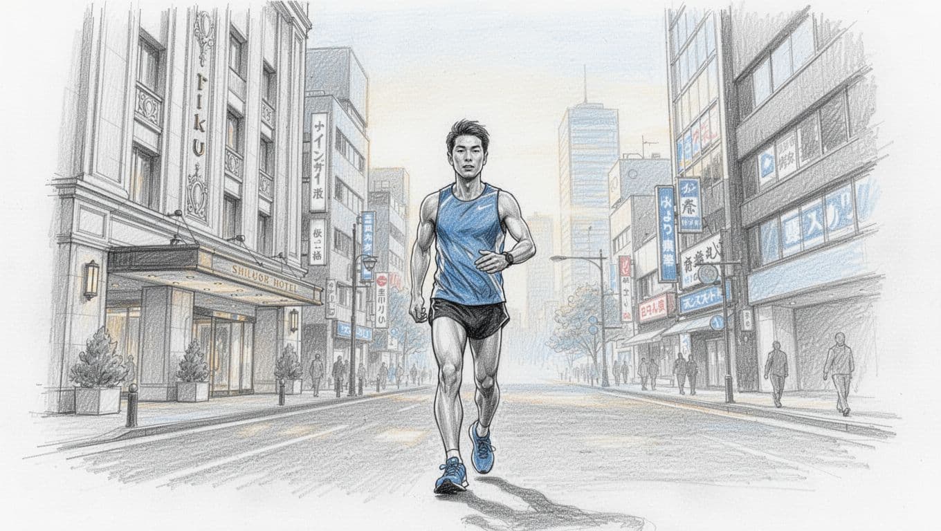 A lone runner stands outside a high-rise hotel in Tokyo morning light.