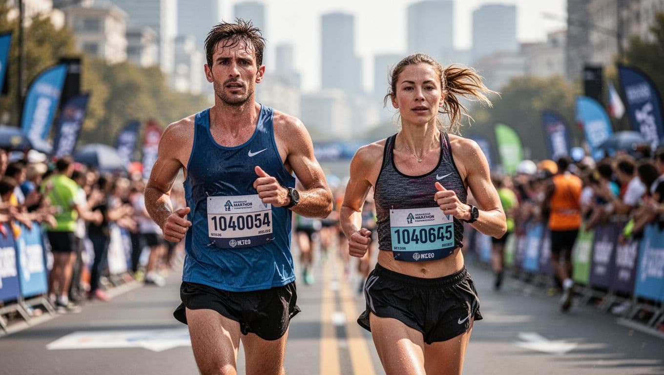 Athletic male and female runners of average build dynamically stride in a marathon road race, showing sweat and determined expressions. Blurred crowd and cityscape background in realistic bright daylight photography.