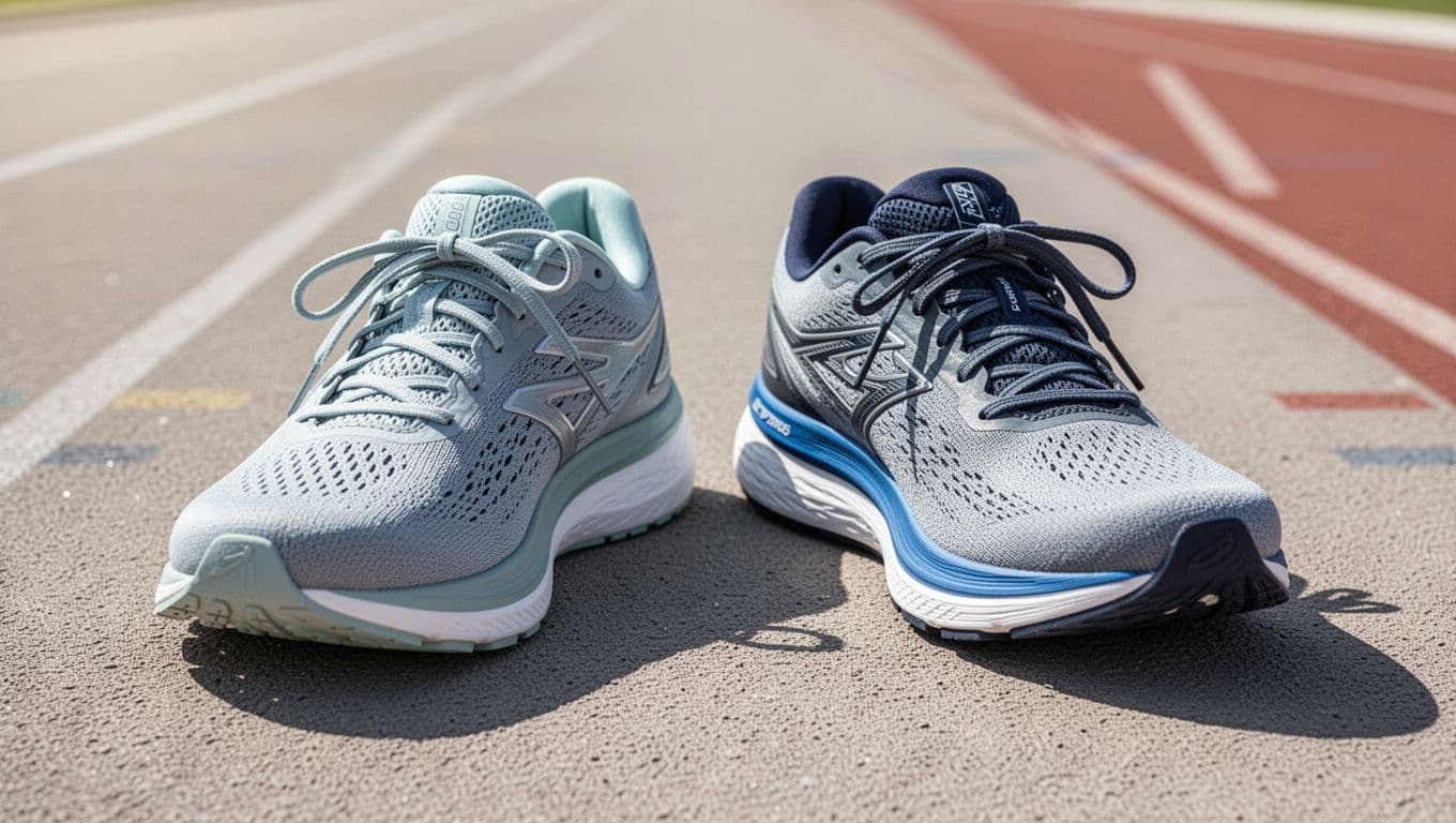 A pair of contemporary running sneakers, one lightweight Nike style and one cushioned ASICS style, sit aligned on a clean track. The natural sunlight highlights their unique textures and intricate design features.