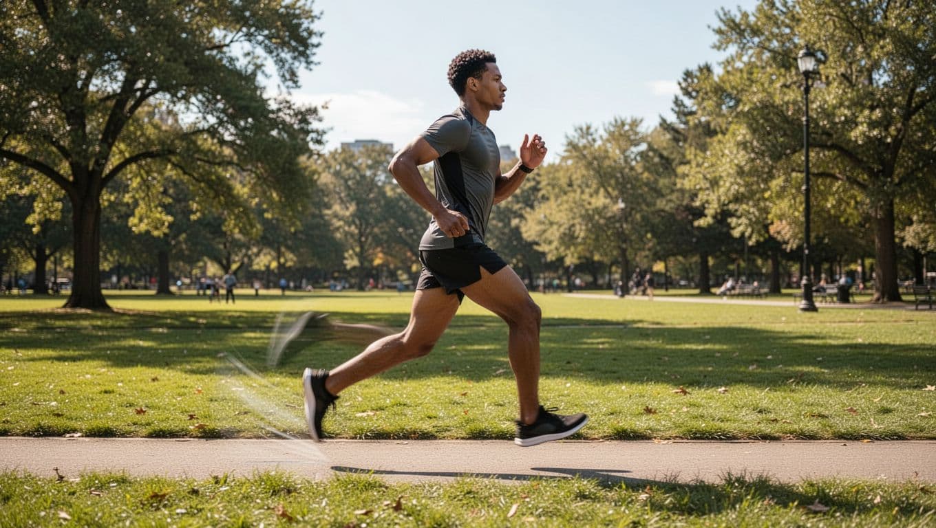 Side view of a single runner performing short relaxed strides on a flat grassy park path under a sunny sky, featuring tall posture, quick feet, foot landing under hips, bent knee, and motion blur on legs in natural outdoor daylight.