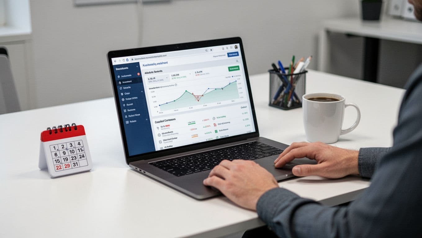 A minimalist desk setup features a laptop angled to show an automated investment dashboard with a calendar icon for contributions, a nearby coffee mug, and one person's hands relaxed on the desk under modern office lighting.