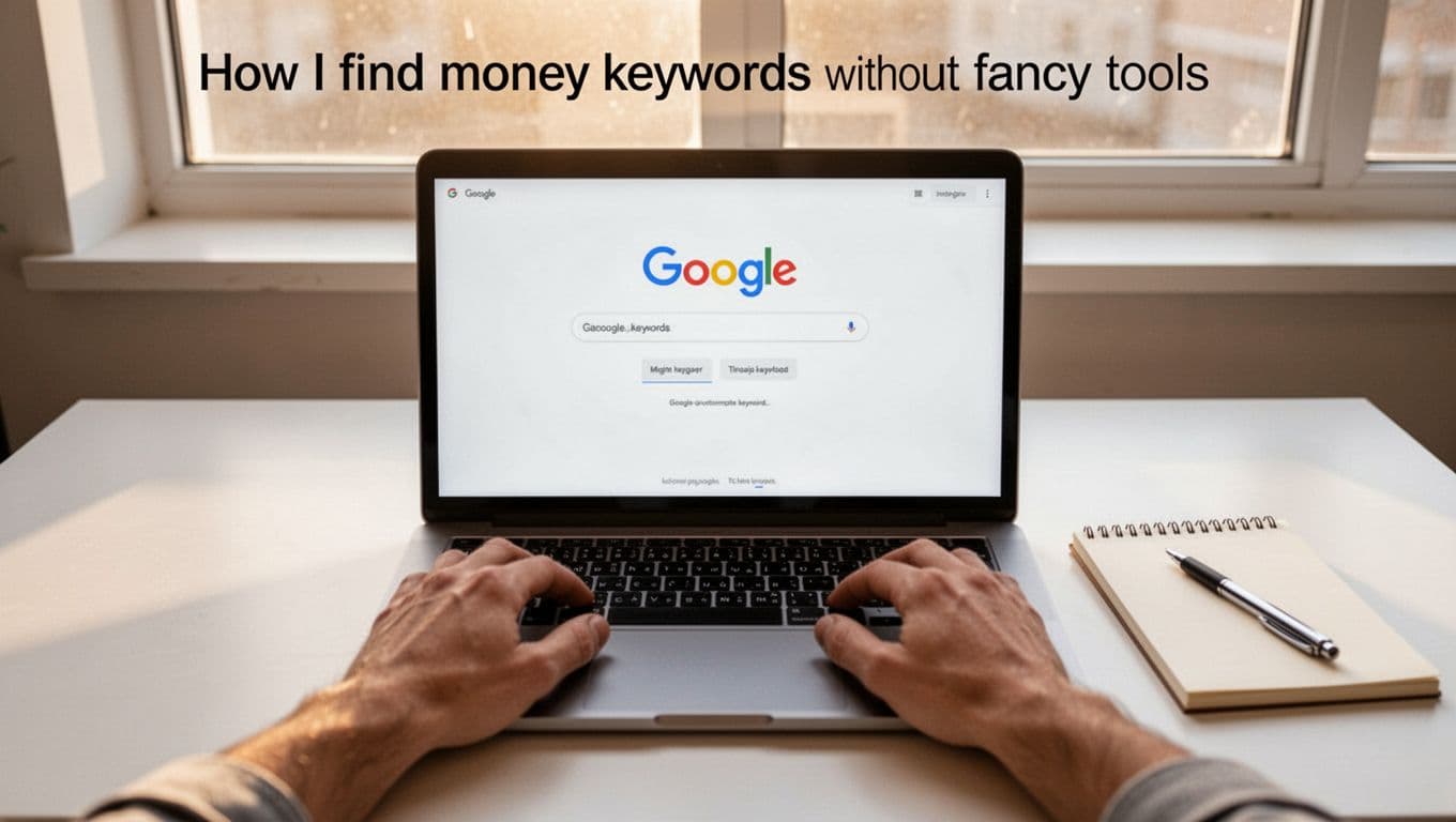 Laptop screen centered on a desk displaying the Google homepage search bar with implied subtle autocomplete suggestions, two relaxed hands above the keyboard, simple notepad and pen beside, morning light through window in a clean modern workspace, photorealistic style with no legible text or extra elements.