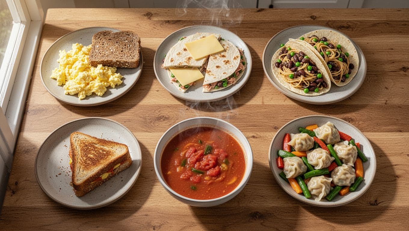 Top-down photorealistic view of a cozy wooden kitchen table with six simple back-pocket meals for low-energy days: scrambled eggs with whole grain toast, sliced cheese quesadilla, pasta tossed with peas, bean tacos on tortillas, tomato soup with grilled cheese, and stir-fried frozen dumplings with mixed vegetables, in warm natural light with detailed textures and steam.