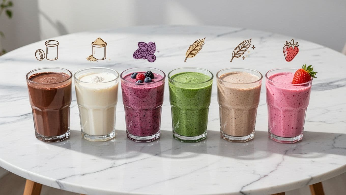 Six glasses of chocolate, vanilla, berry, green, beige, and strawberry vegan meal replacement shakes arranged side by side on a white marble table, with subtle floating nutrition icons like protein scoops and fiber symbols.